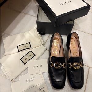 Gucci Black Leather Loafer Heels (Size 37)